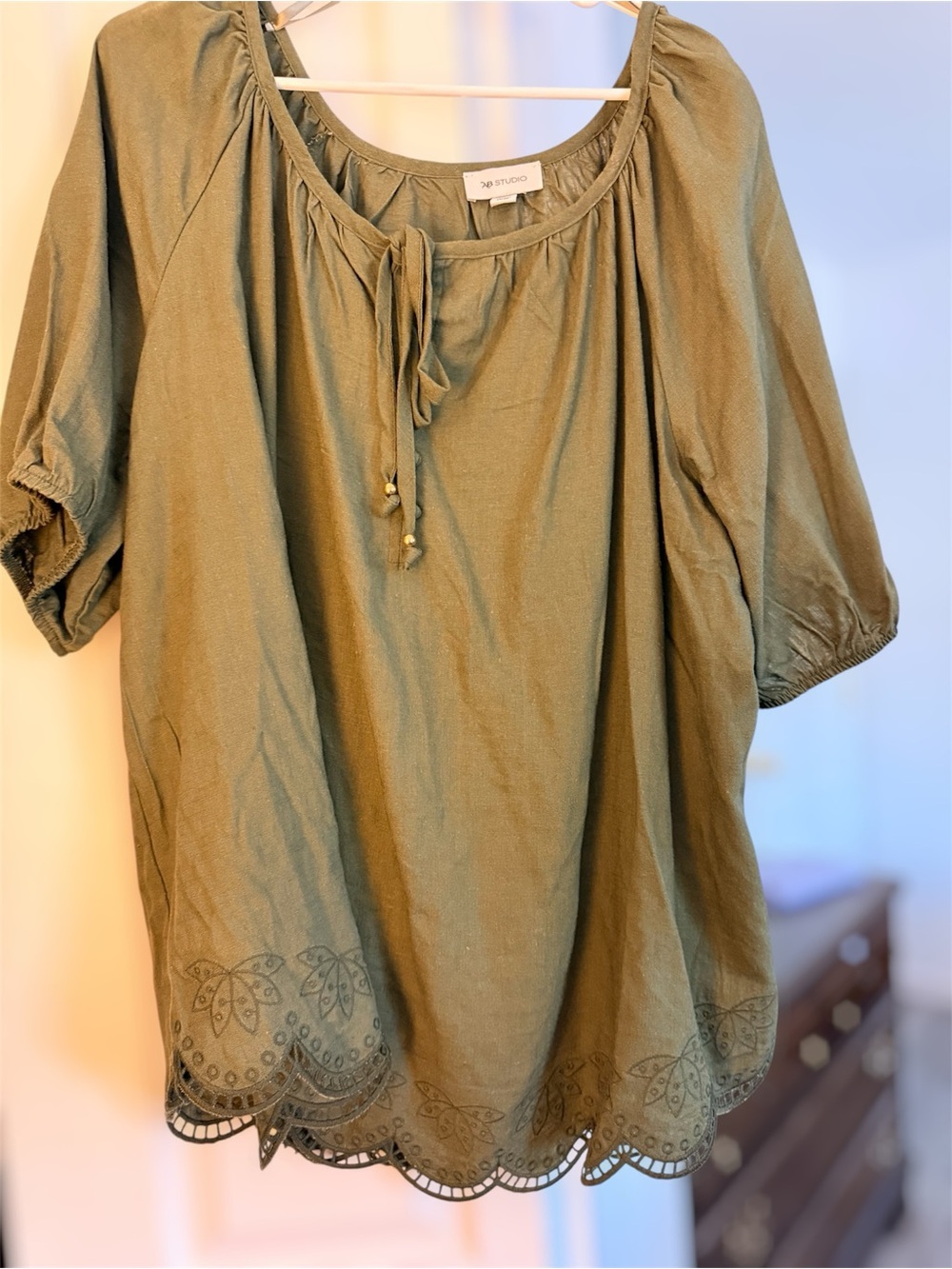 Olive Green Peasant Blouse with Scalloped Hem
